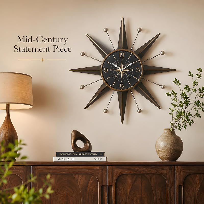 Mid-Century Starburst Wall Clock - 23.4-Inch Bronze & Silver Trim