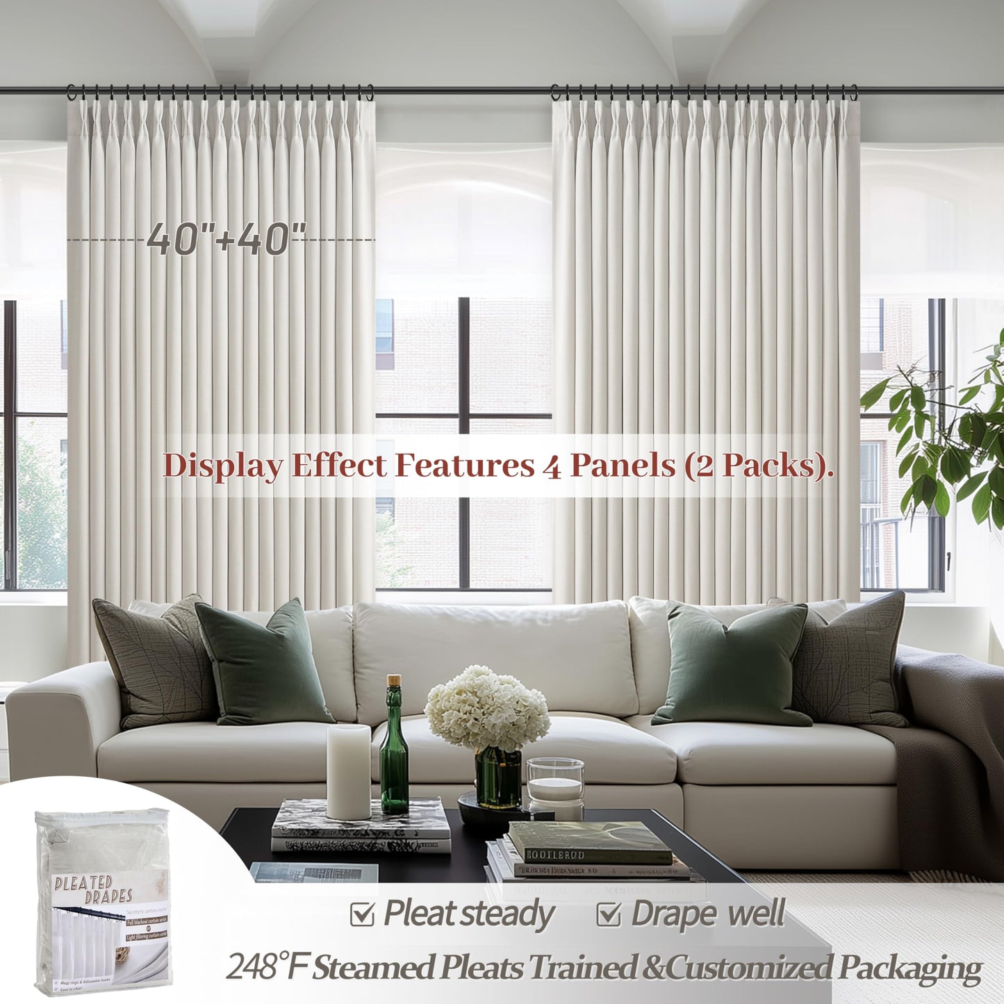 Pleat Viral Linen 90 Inch Blackout Curtains for Bedroom, Pinch Pleated Soundproof Privacy Farmhouse Window Drapes Decor with Hooks Neutral Beige White Nursery/Kids Room Darkening Burg 2 Panels Set