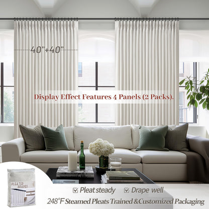 Pleat Viral Linen 90 Inch Blackout Curtains for Bedroom, Pinch Pleated Soundproof Privacy Farmhouse Window Drapes Decor with Hooks Neutral Beige White Nursery/Kids Room Darkening Burg 2 Panels Set