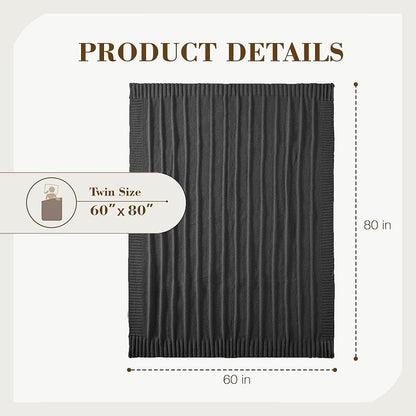 Carriediosa Dark Grey Knit Throw Blanket 60 x 80 with Cable Knit & Stripe Design