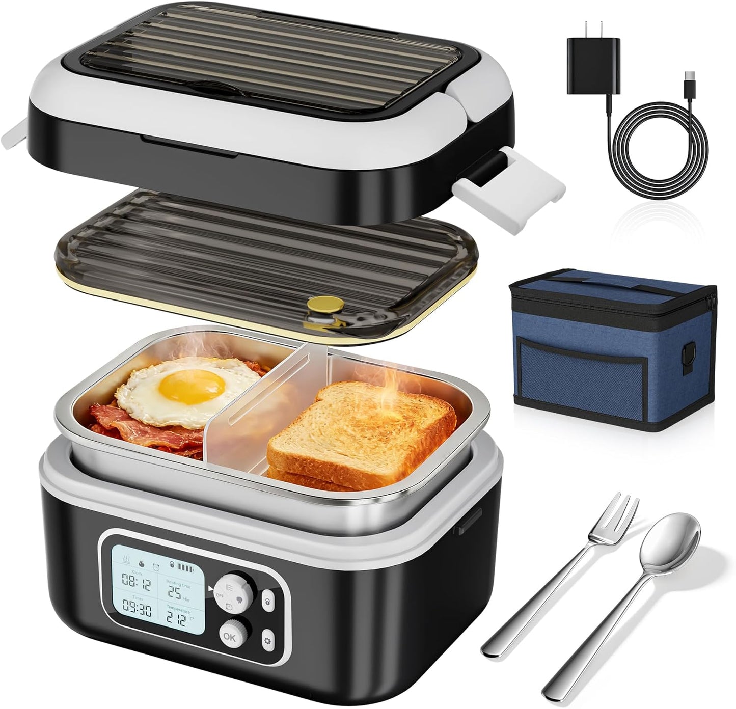 Yofidra Heated Lunch Box - Cordless 24000mAh Electric Food Warmer with Smart Timer | 6.3-Cup Capacity, Black