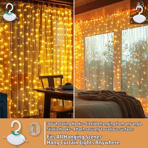HXWEIYE 300LED Fairy Curtain Lights - 9.8x9.8Ft USB Plug-In with Remote | 8 Modes for Indoor Decor, Warm White