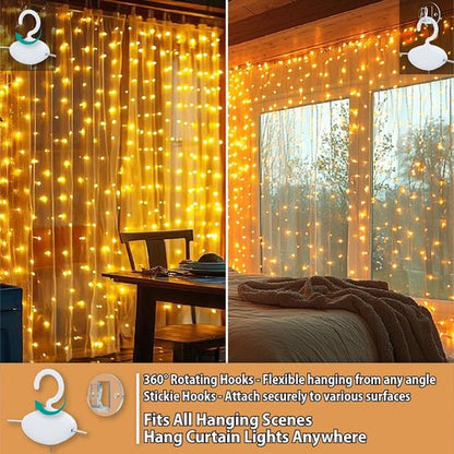 HXWEIYE 300LED Fairy Curtain Lights - 9.8x9.8Ft USB Plug-In with Remote | 8 Modes for Indoor Decor, Warm White