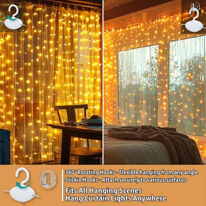 HXWEIYE 300LED Fairy Curtain Lights, 9.8x9.8Ft USB Plug-in 8 Modes Christmas String Hanging Lights with Remote for Bedroom Backdrop Wedding Indoor Wall Decor, Warm White, Standard – 1 Pack