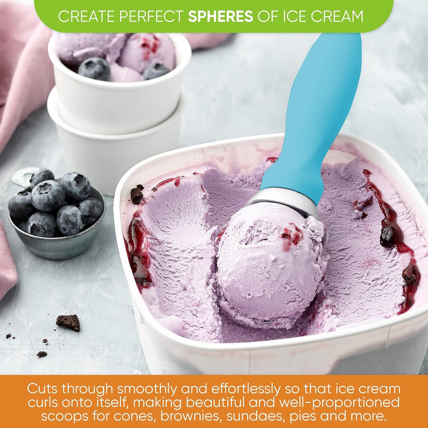 Spring Chef Ice Cream Scoop - Professional Heavy-Duty Scooper with Soft Grip Handle | Aqua Sky Color