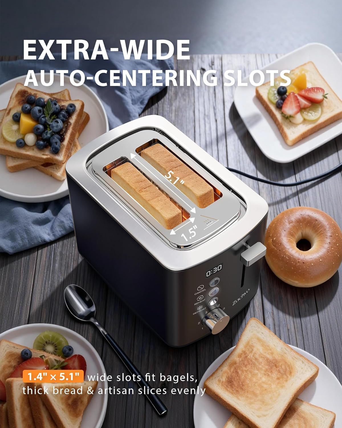 Skiennix 2-Slice Toaster - Wide Slots for Bread & Bagels, Stainless Steel with Digital Countdown, 6 Shade Settings, Compact Black Design