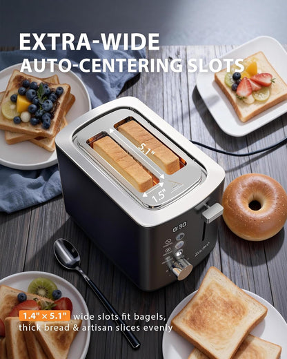 Skiennix 2-Slice Toaster - Wide Slots for Bread & Bagels, Stainless Steel with Digital Countdown, 6 Shade Settings, Compact Black Design