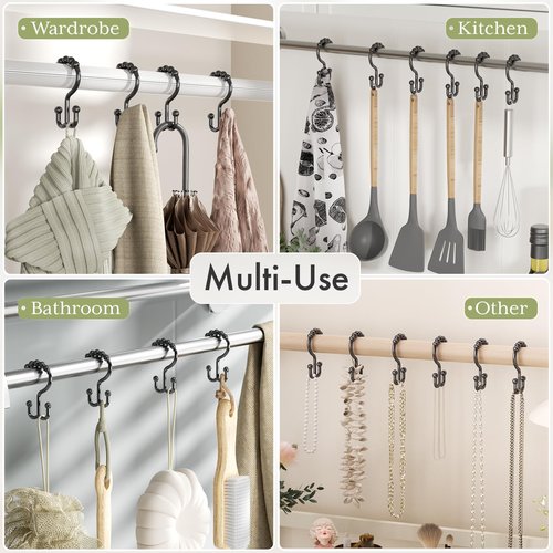 Amazer Plastic Shower Curtain Hooks, Black Shower Curtain Rings, 12Pcs Shower Hooks for Shower Curtain, Double Shower Rings, Bathroom