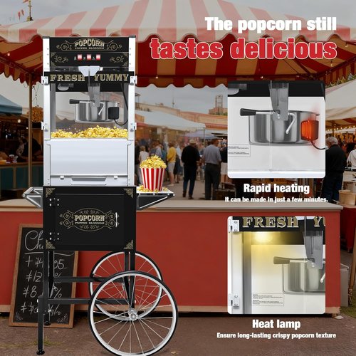 20 Oz Commercial Popcorn Machine - Sleek Black Popcorn Maker with Storage Stand & Wheels