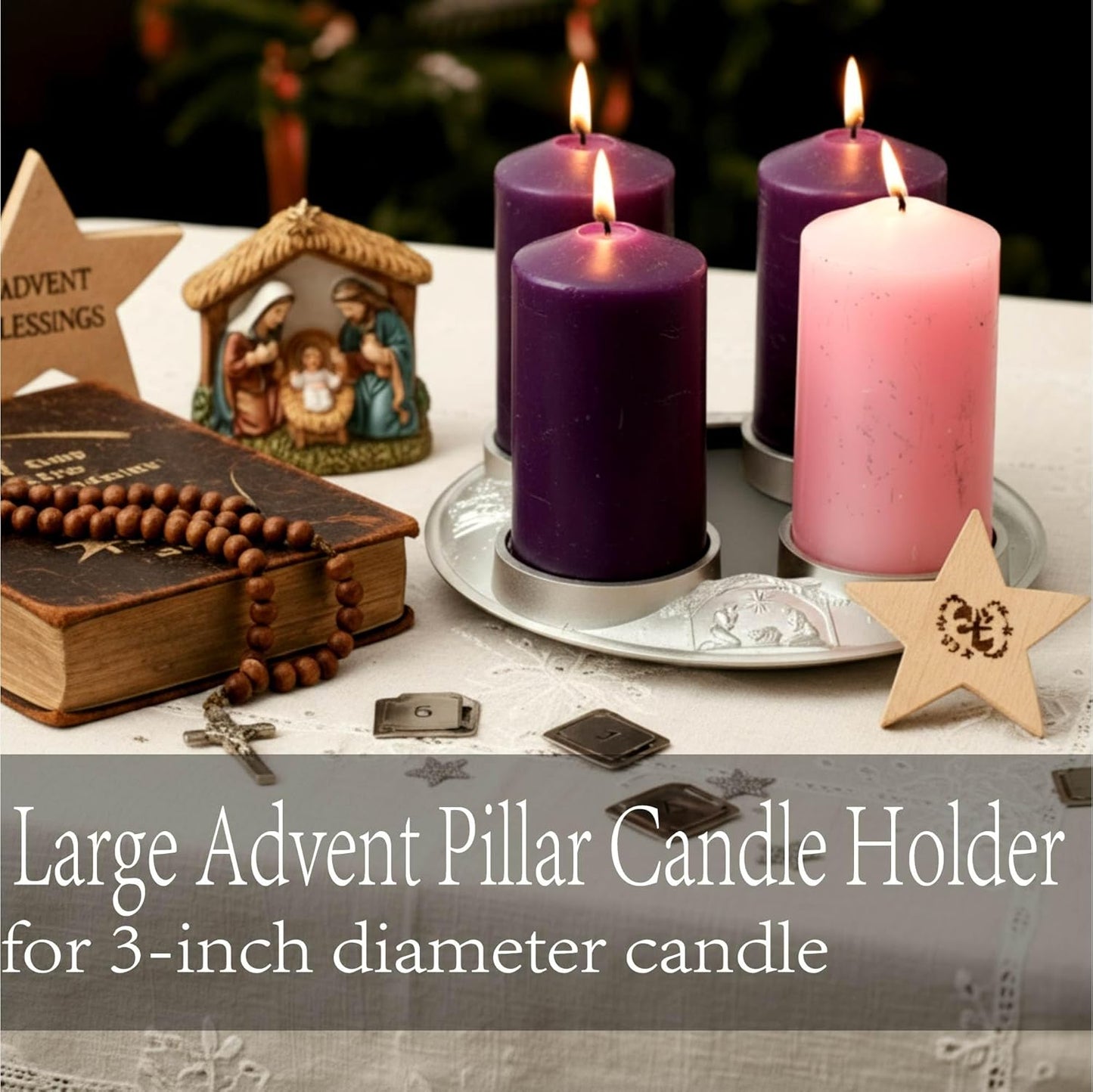 Shellwei Advent Wreath Candle Holder - Metal Nativity Scene Centerpiece for Christmas Decor | Fits 3-Inch Pillar Candles