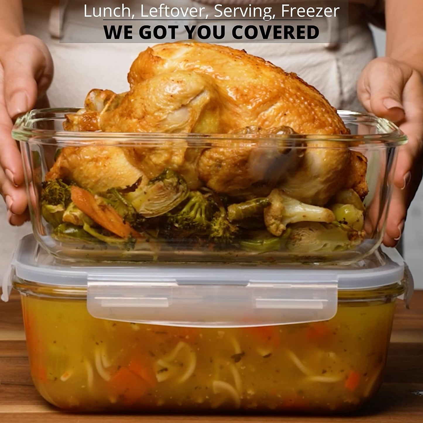 Skiennix Large Glass Food Storage Containers - 4 Piece Set with Locking Lids | BPA Free & Leak Proof, 8 Cups/63 Oz