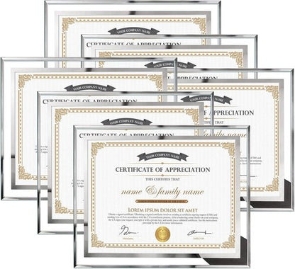 Hoikwo Picture Frames - 8.5x11 Silver Glass Frames for Certificates & Diplomas | 6-Pack, Tabletop Display