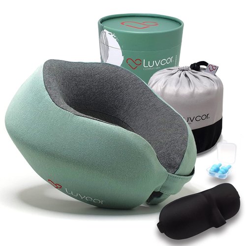 Luvcor Premium Quality Memory Foam Travel Neck Pillow Bundle - Best Ergonomic Pillow for Airplane Travel, car Ride, Sleeping. Comes with Eye mask, earplugs and Storage Bag. (Imperial Green)
