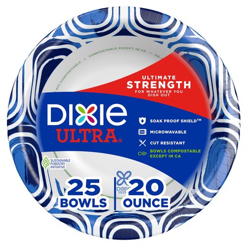 Dixie Ultra, Large Paper Bowls, 20 Oz, 25 Count, Microwave Safe, Compostable, Disposable Bowls Great For Breakfast, Lunch, And Dinner Meals