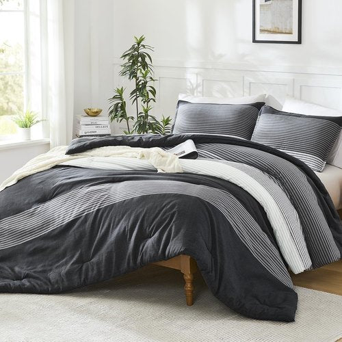 Litanika Queen Comforter Set - Lightweight Black, White & Grey 3-Piece Down Alternative Bedding