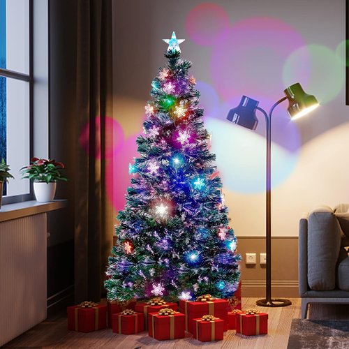 Juegoal 6 Ft Pre-Lit Christmas Tree - RGB Color Changing LED Lights & Snowflakes | Artificial Xmas Tree with Metal Legs