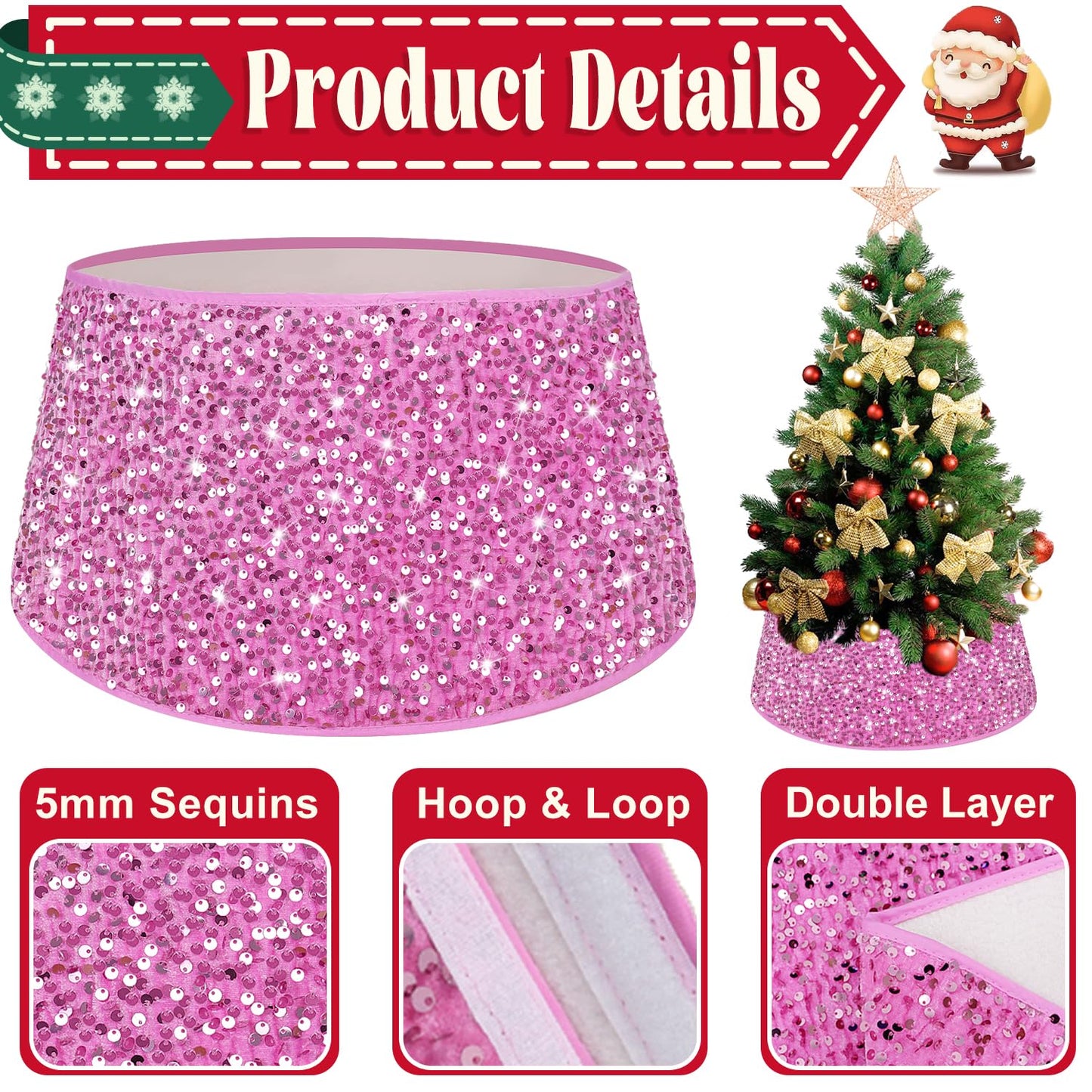 ROMANKAS Christmas Tree Collar Pink Sequin Christmas Tree Base Cover 23.6 Inch Glitter Tree Skirt Metallic Christmas Tree Collars Bling Xmas Tree Collar for Home Party Xmas Tree Decoration