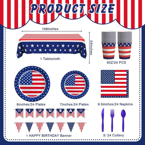 American Flag Party Decorations - 170 Pcs Patriotic Set with Banner, Plates, Cups & More for 24 Guests