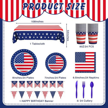 American Flag Party Decorations - 170 Pcs Patriotic Set with Banner, Plates, Cups & More for 24 Guests