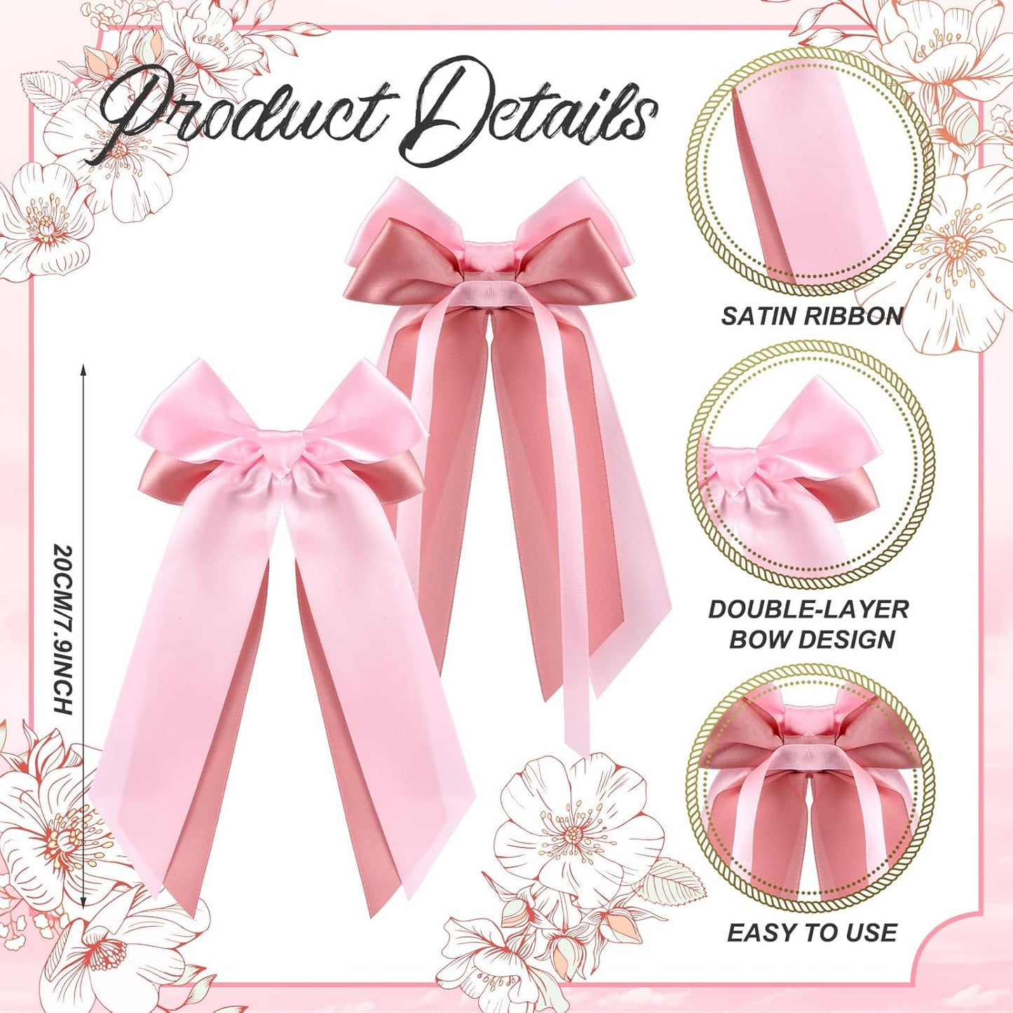 Skiennix 12 Pcs Pink Candlestick Bows - Double-Layer Satin Ribbon, Pre-Tied 7.9'' Bowknot for Weddings & Parties