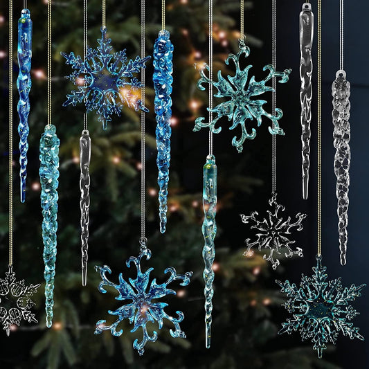 VGOODALL Clear Snowflake & Icicle Ornaments - 36PCS Acrylic Christmas Tree Decorations | Gold & Silver Strings