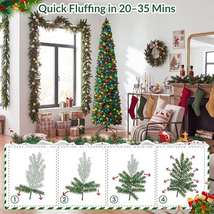 NEWBULIG 9 ft Pencil Christmas Tree - Green with Multicolor LED Lights, 1100 Tips, 8 Modes, Slim Pre-Lit