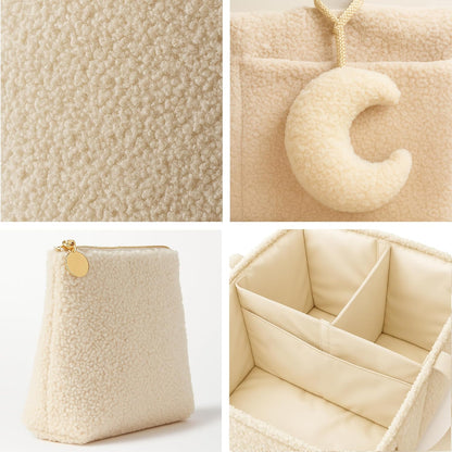 Orelle Bouclé Diaper Caddy Organizer - Portable Changing Table with Matching Pouch & Moon Pendant | Cream