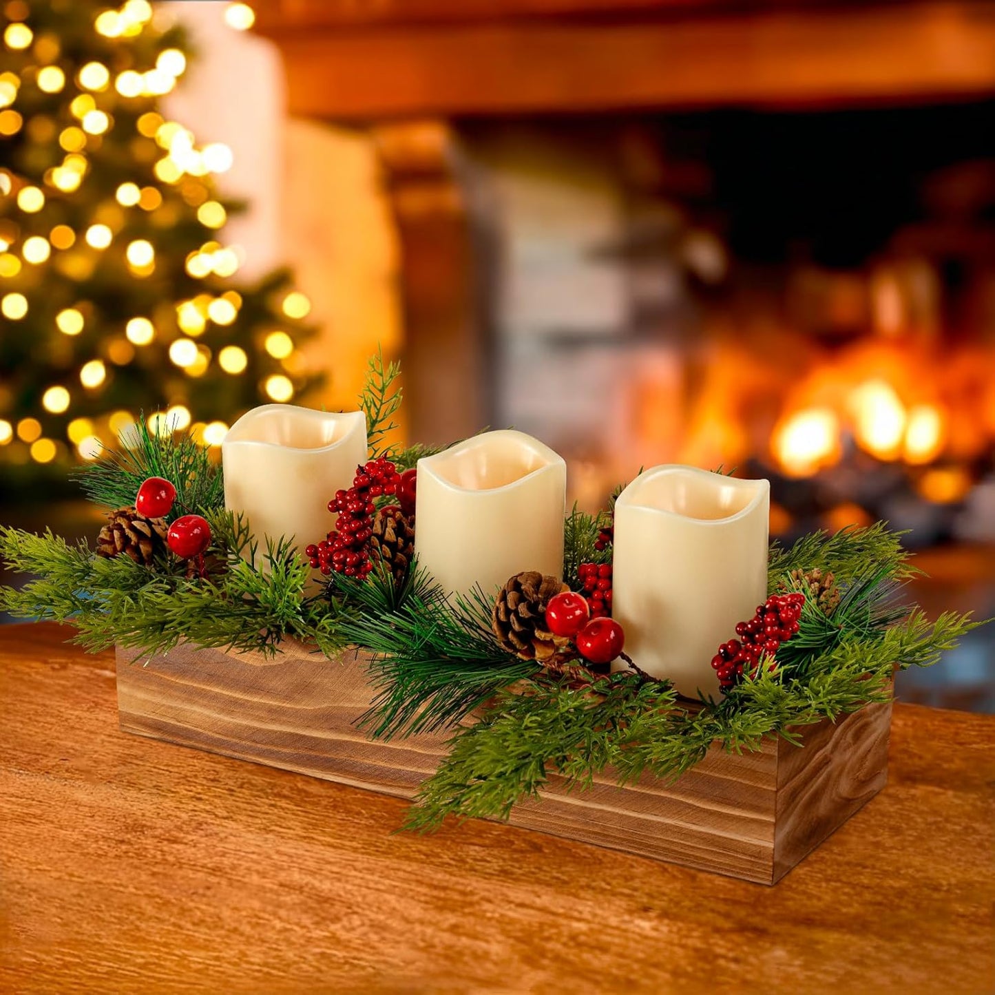 Skiennix Christmas Table Centerpiece - 3 Flameless LED Candles with Pine Cones & Red Berries | Rustic Wood Holders for Holiday Dining