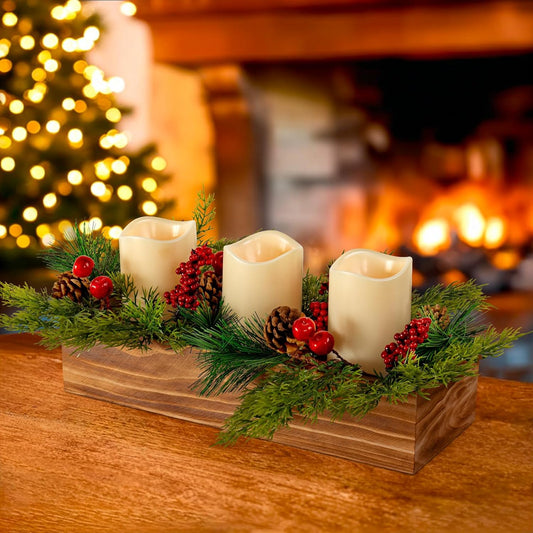 Skiennix Christmas Table Centerpiece - 3 Flameless LED Candles with Pine Cones & Red Berries | Rustic Wood Holders for Holiday Dining