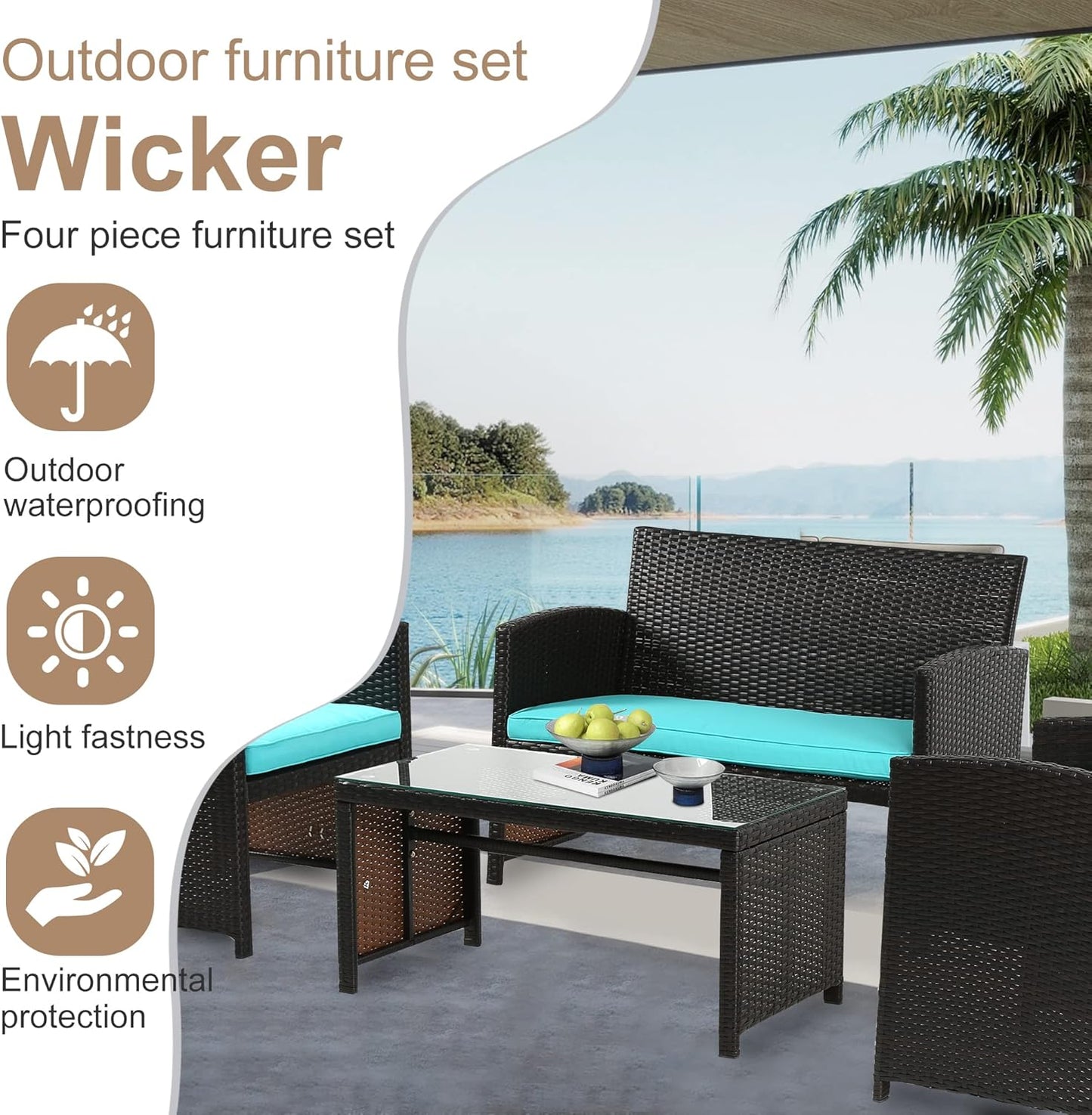 Skiennix Outdoor Furniture Set - 4-Piece Wicker Rattan Patio Conversation Set for Garden | Brown & Blue