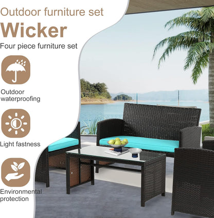 Skiennix Outdoor Furniture Set - 4-Piece Wicker Rattan Patio Conversation Set for Garden | Brown & Blue