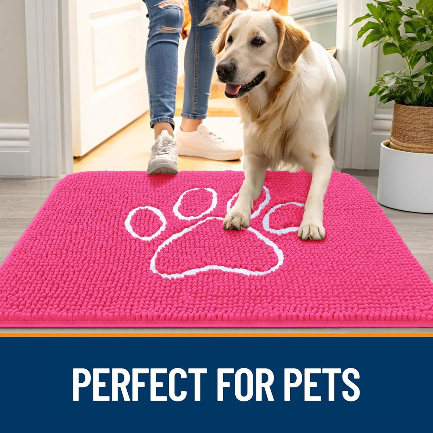 OLANLY Dog Door Mat - Absorbent Non-Slip Mud Mat for Muddy Paws | 36x24 Hot Pink Chenille Design