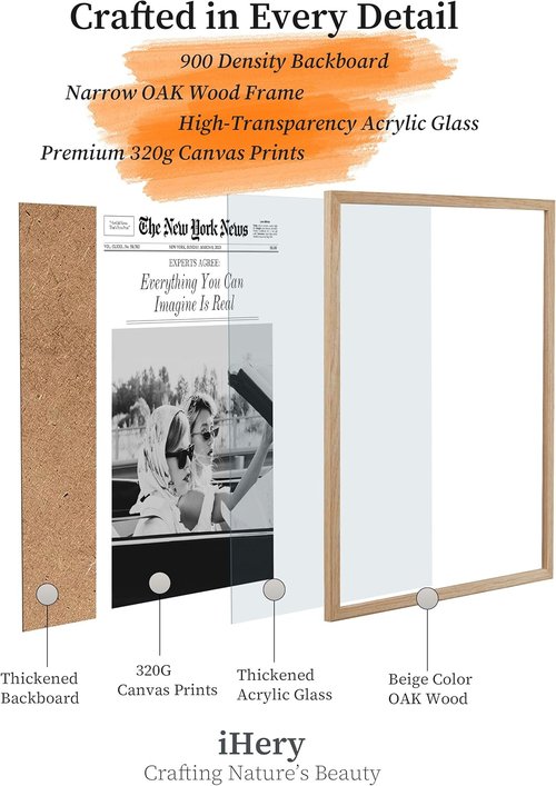 iHery Framed Newspaper Wall Art - "Everything You Can Imagine Is Real" | Natural Oak Wood 12x16in Canvas Decor for Bedroom & Living Room