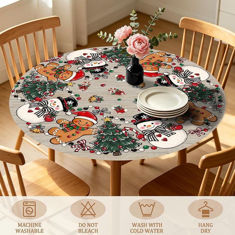Christmas Snowman Fitted Tablecloth 40-44 Inch, Elastic Edge, Round Xmas Gingerbread Man