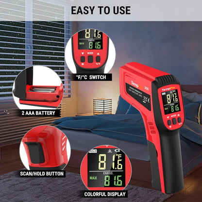 TempPro D50 Dual Laser Infrared Thermometer Gun - Adjustable Emissivity & MAX/MIN/AVG Display for Cooking & Industrial Use