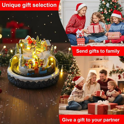 Christmas Village Decoration - Spinning Train & Snowman, Musical Collectible Buildings with LED Lights & Timer Function