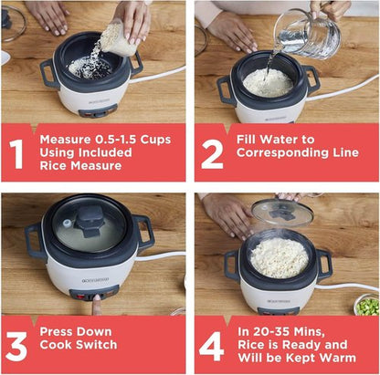BLACK+DECKER 3-Cup Rice Cooker - One-Touch Operation, Removable Non-Stick Bowl, White Finish