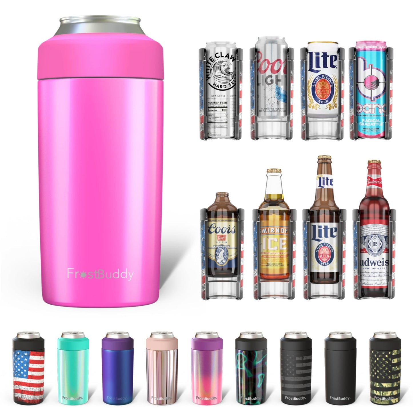 Frost Buddy Universal Can Cooler - Fits all - Stainless Steel Can Cooler for 12 oz & 16 oz Regular or Slim Cans & Bottles - Stainless Steel