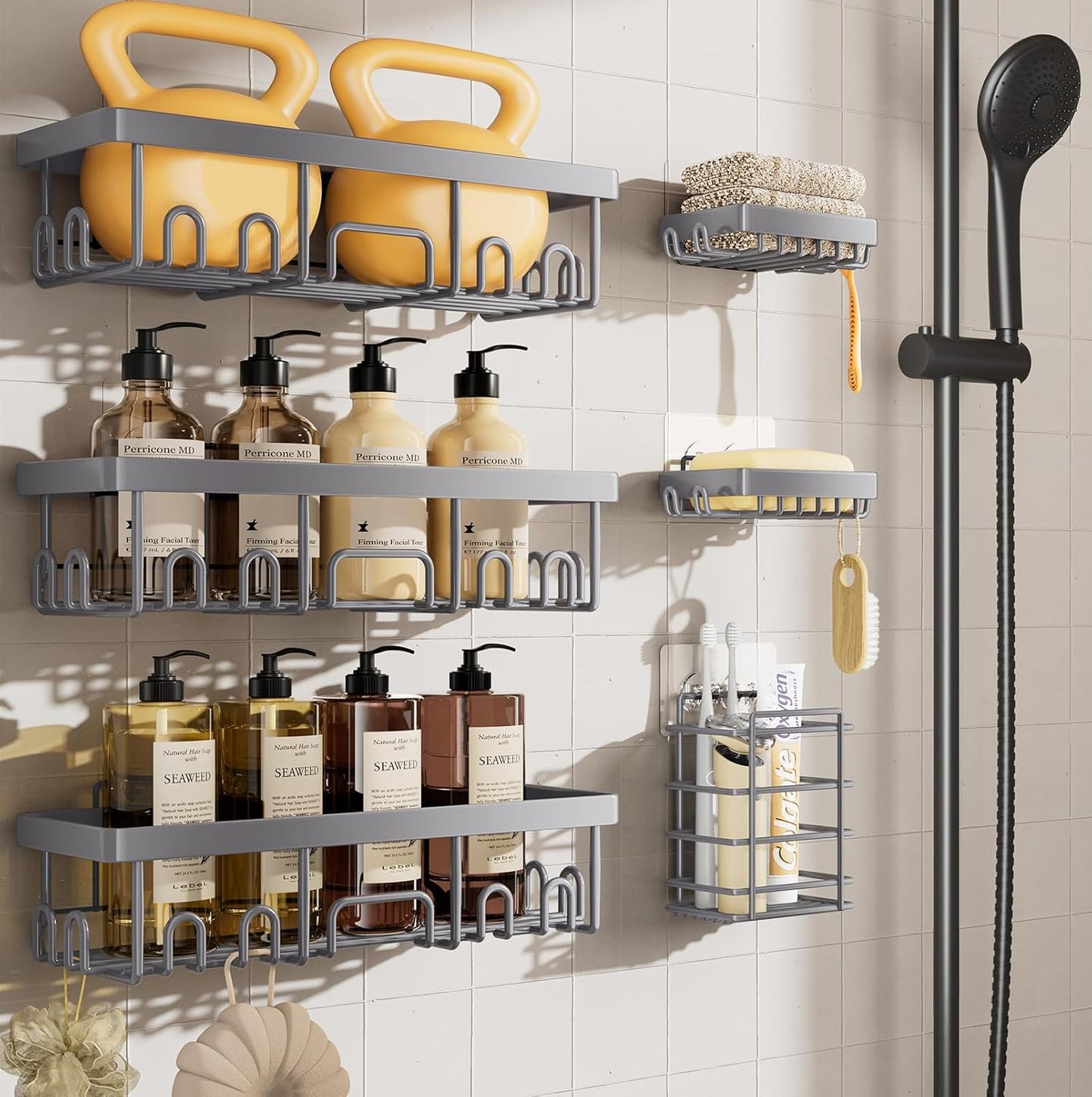 Veken Shower Caddy - 6-Pack Rustproof & Waterproof Adhesive Shelves | Large Capacity Bathroom Organizers - Light Grey
