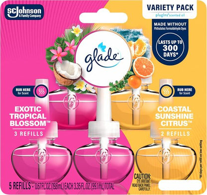 Glade PlugIns Refills Air Freshener - Exotic Tropical Blossoms & Coastal Sunshine Citrus | 0.67 Fl Oz, 5 Count