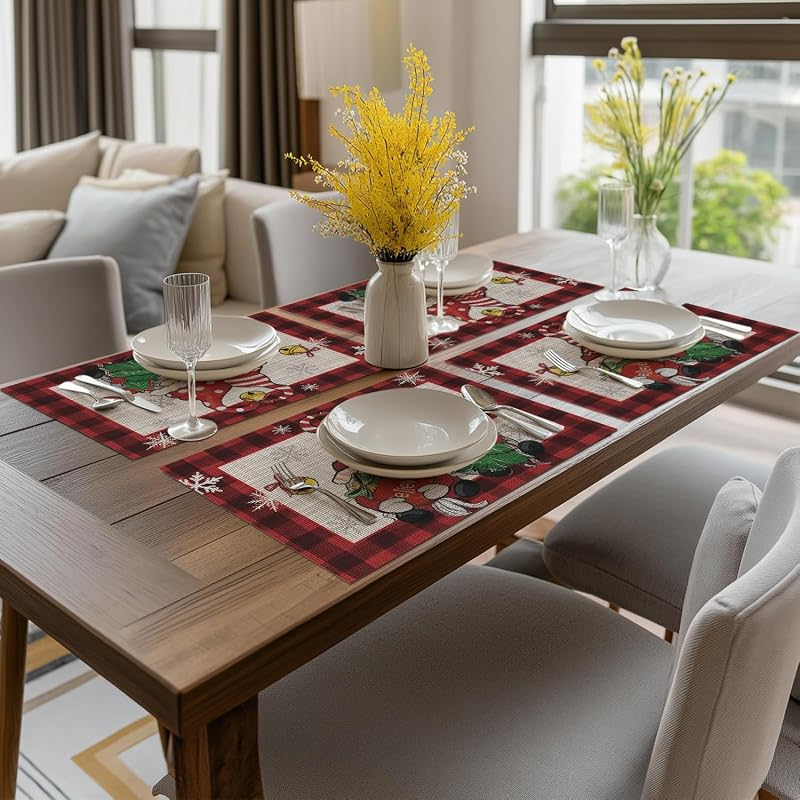 Gnomes Red Buffalo Plaid Christmas Placemats Set of 4, 12 x 18 in, Washable Vinyl
