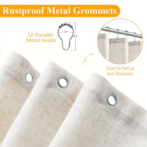 Naturoom Natural Linen Shower Curtain, Country Boho Farmhouse Bath Decor Beige Shower Curtains for Bathroom Neutral Cloth Weighted Textured Fabric Bath Curtain Liner with Hooks, Cream, 72 Inch