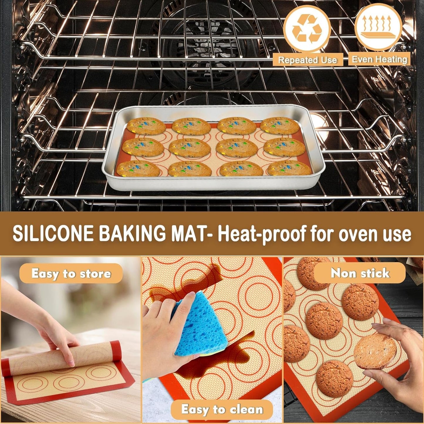 P&P CHEF 9-Inch Baking Sheet Pan Set - Stainless Steel Oven Tray with Rack & Silicone Mat, Dishwasher Safe