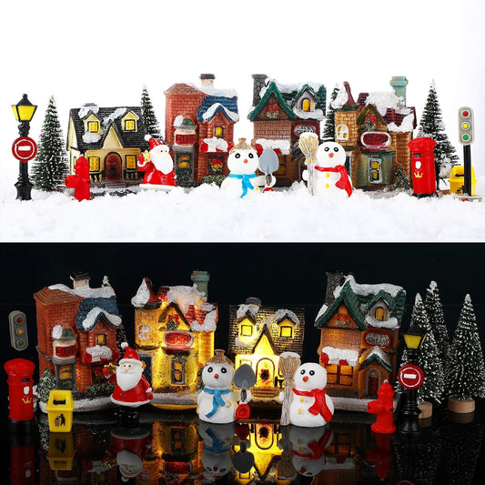 Skiennix 16-Piece Christmas Village Houses Set - LED Light-Up Figurines & Mini Accessories for Festive Decor