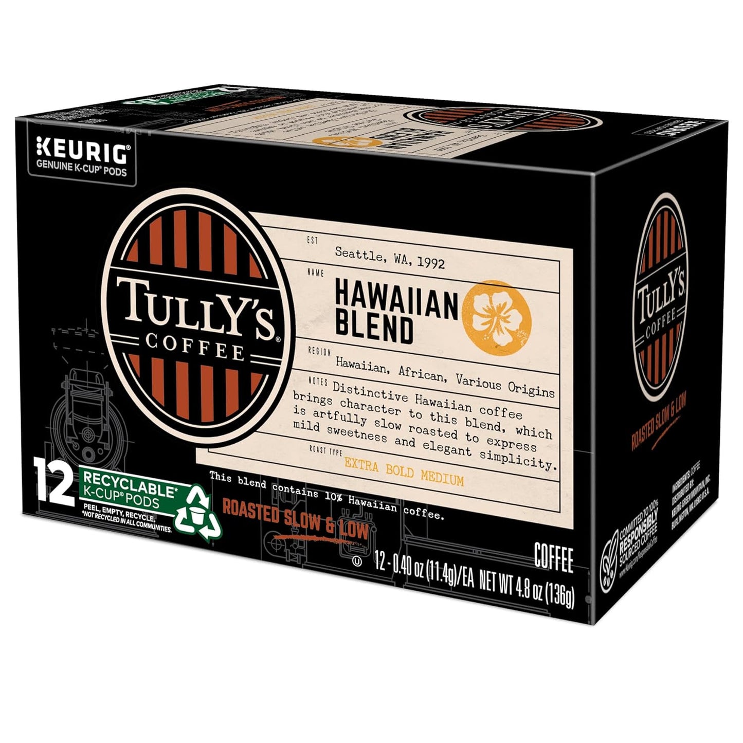 Tully's Coffee Hawaiian Blend K-Cup Pods - Medium Roast, 72 Count | Perfect for Keurig Machines