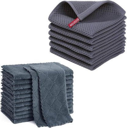 Homaxy Kitchen Dish Cloths - 12 Pack Coral Velvet & Cotton Waffle Weave | Dark Grey, 10x10 & 12x12 Inches