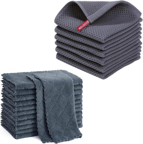 Homaxy Kitchen Dish Cloths - 12 Pack Coral Velvet & Cotton Waffle Weave | Dark Grey, 10x10 & 12x12 Inches