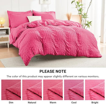 HYMOKEGE Comforter Set - Hot Pink Seersucker Luxury Bedding - 7 Pieces for All Season Comfort