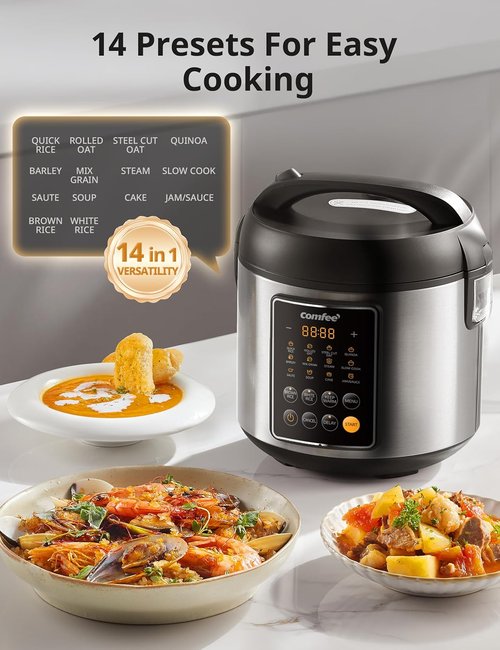 COMFEE' Rice Cooker - 14-in-1 Stainless Steel Multi Cooker | 5.3 QT Capacity for Brown Rice, Quinoa & Oatmeal