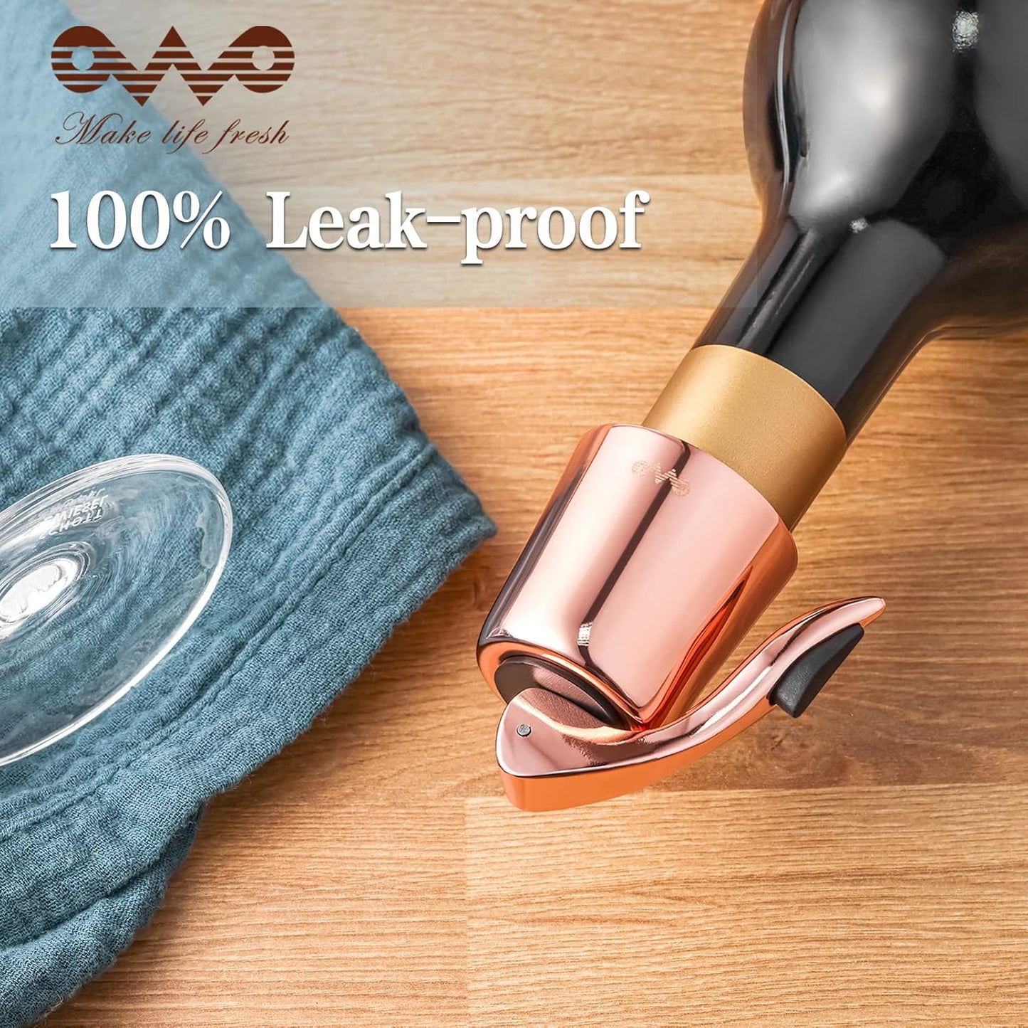 OWO Stainless Steel Wine Bottle Stopper, Reusable Wine Saver with Silicone Seal, Decorative Bottle Sealer, Keeps Fresh (Rosegold, 2 Pack)